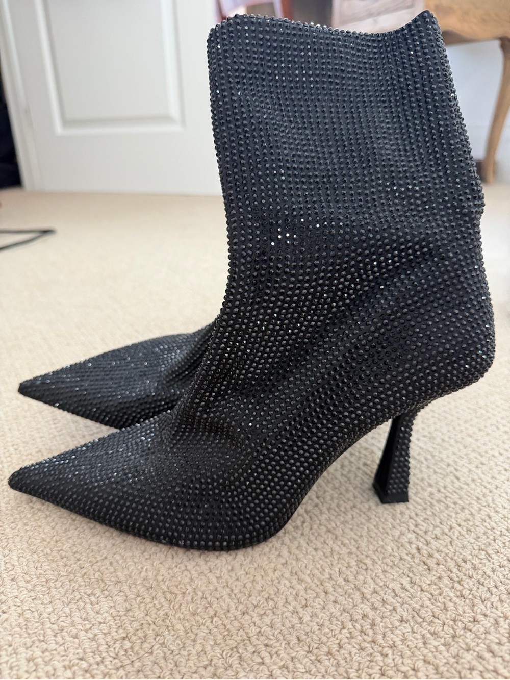 Zara Black Crystal-Stone Pointed Toe Stiletto Ankle Boots